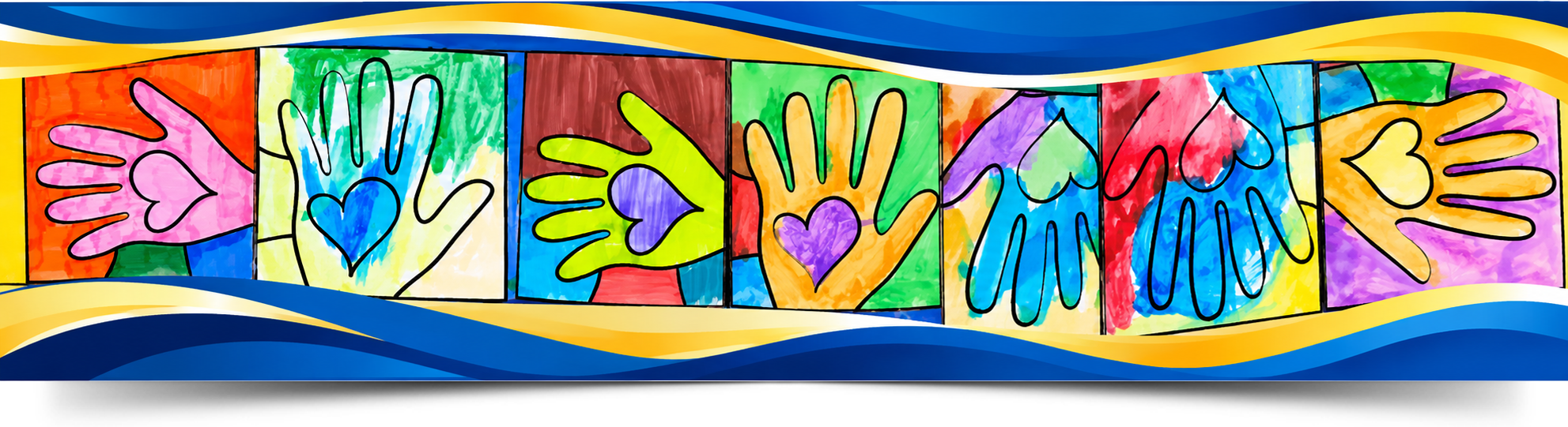 Colorful P256Q student artwork featuring handprints and hearts